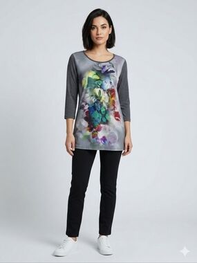 Simon Chang Floral Graphic Tunic Top 3/4 Sleeve Charcoal Size L Lagenlook Artsy